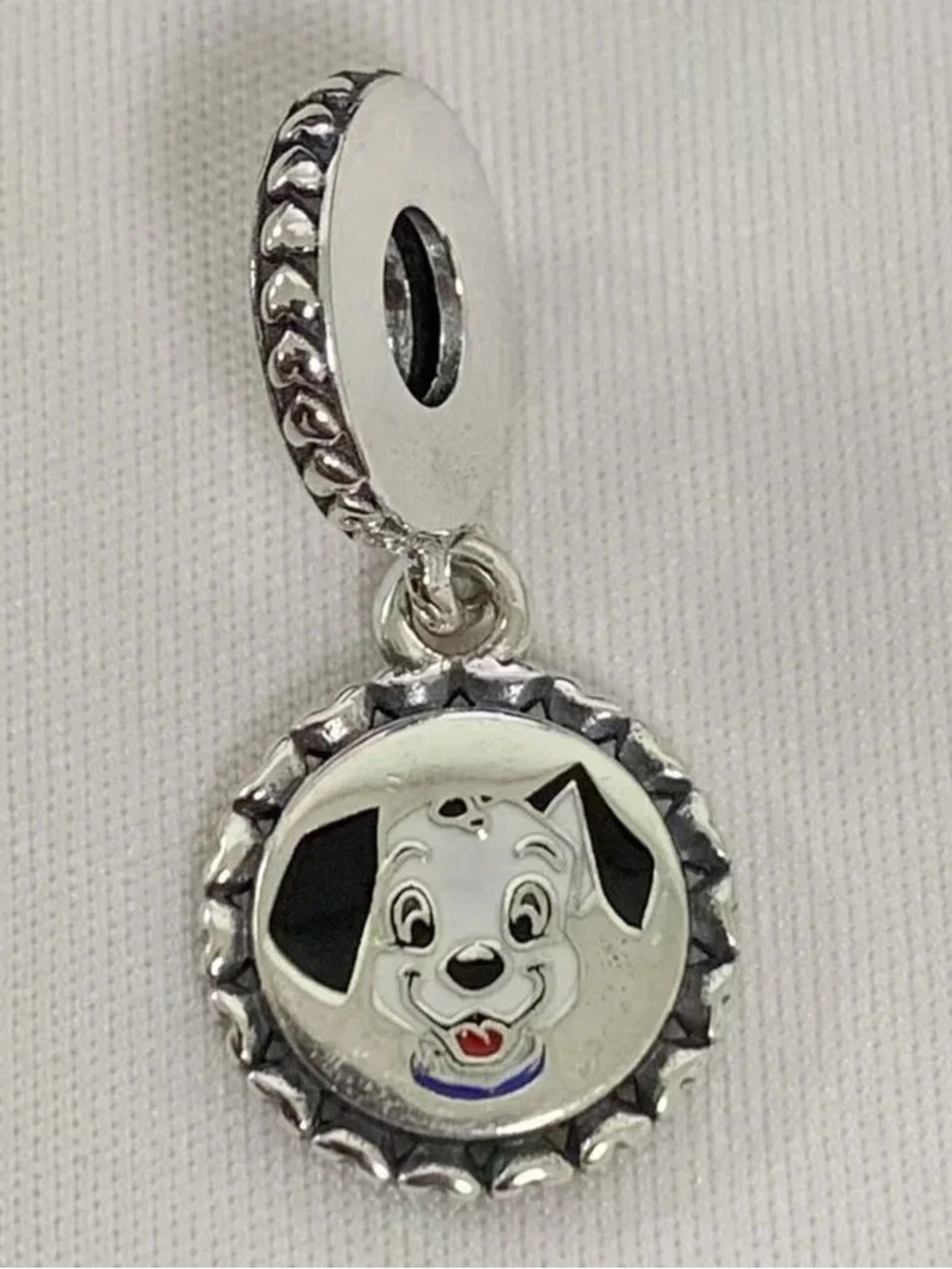Pandora Silver Puppy Face Dangle Charm with Black and Red Enamel